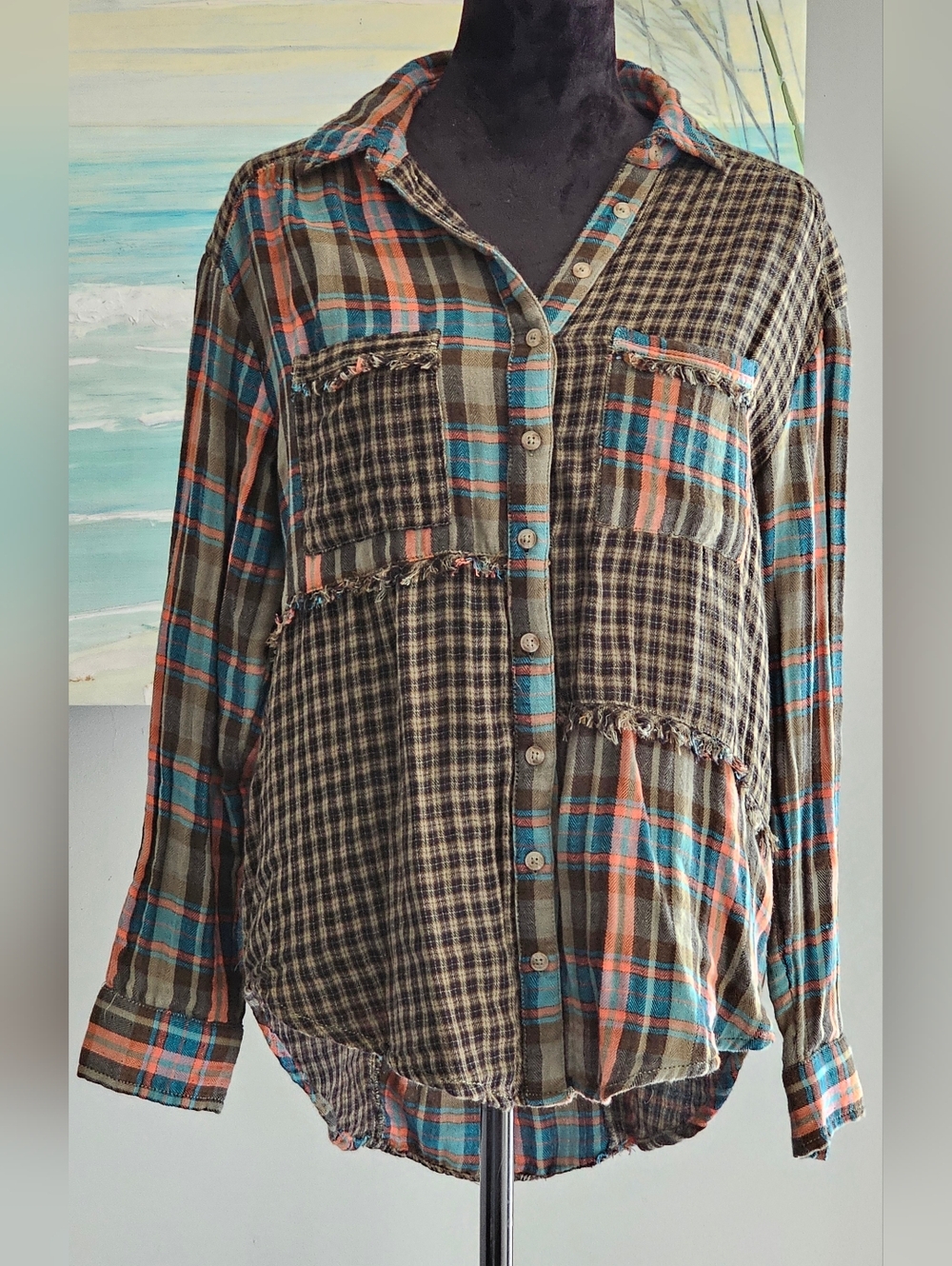 Anthropologie Pilcro Patchwork Plaid Shirt Sz S